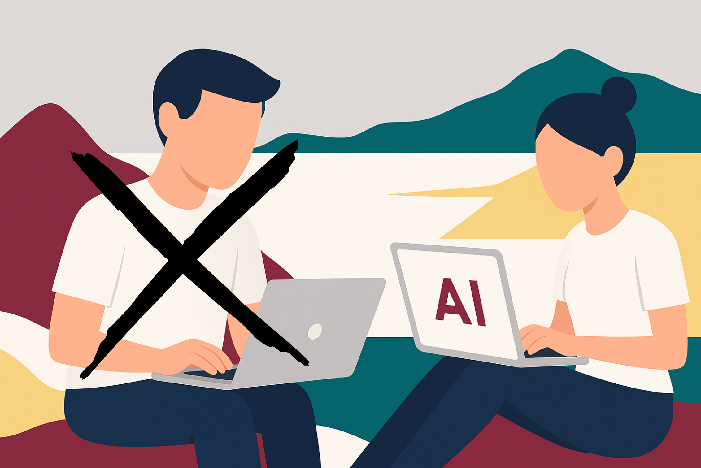 An illustration of two people (a man and a woman) sitting on their laptops. The man isn't using AI and has an X on their form (which means they are crossed out) while the woman is using AI (and there isn't an X on her).