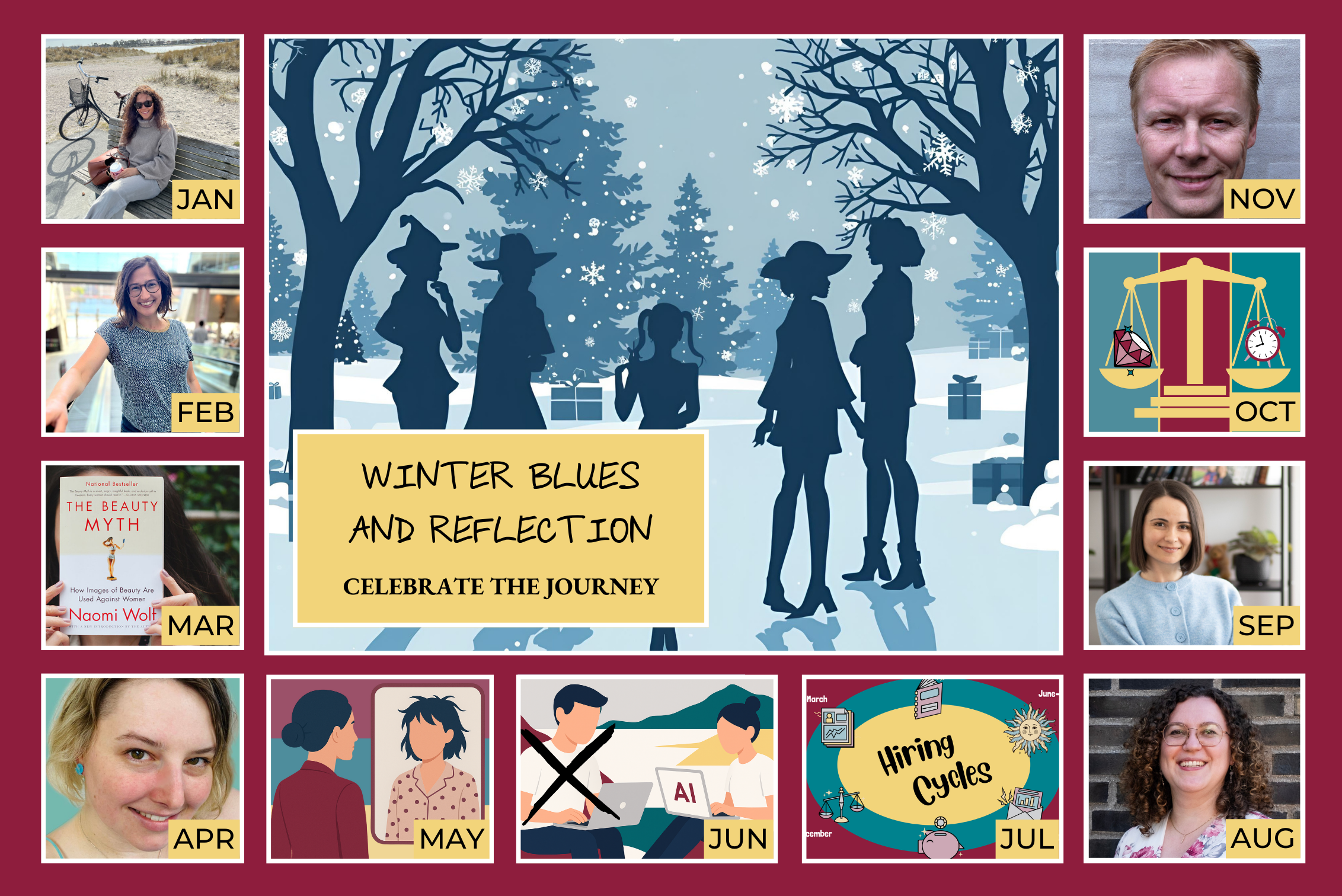 Collage showing a winter scene surrounded by monthly photos and illustrations representing the monthly topics