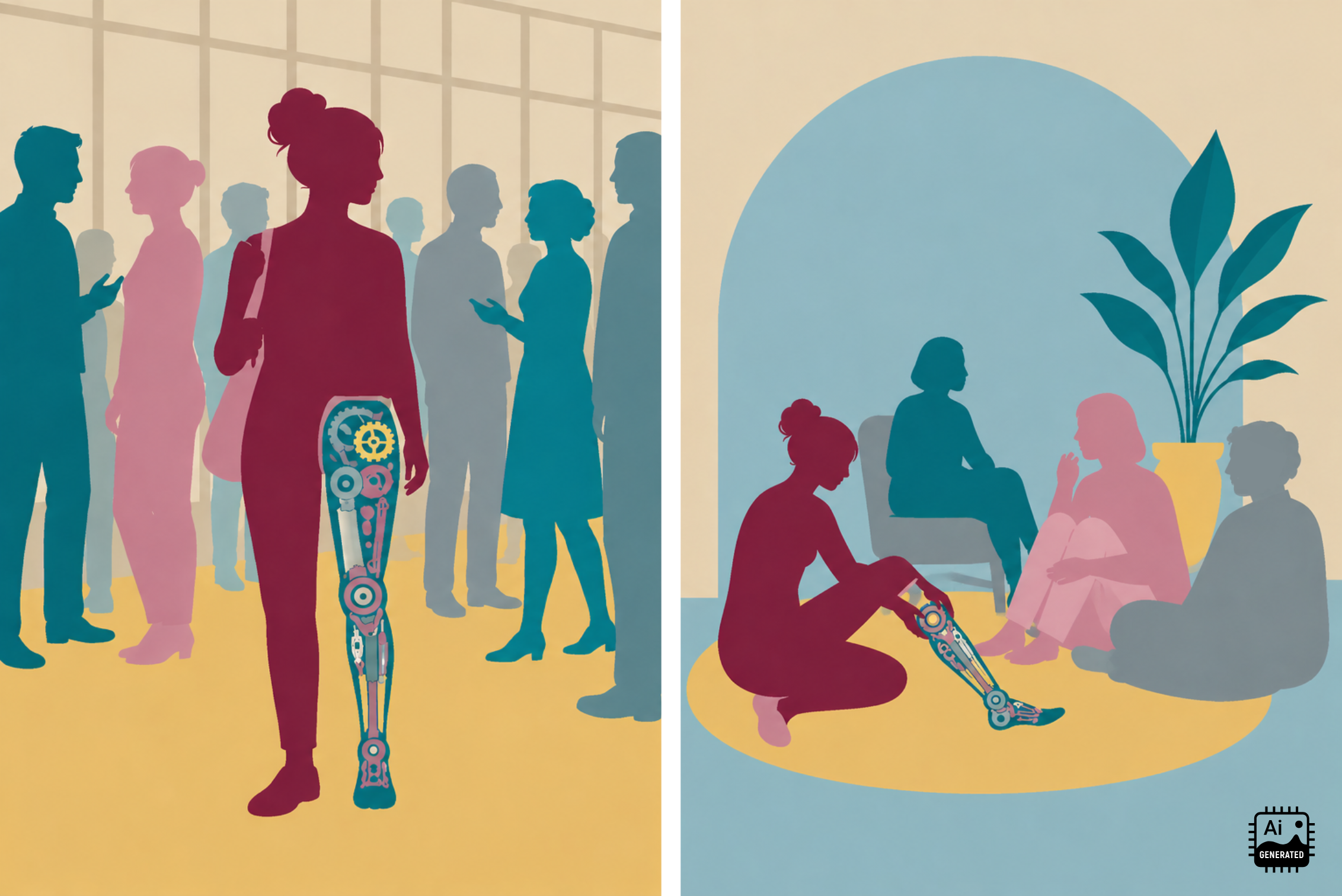 a person with a prosthetic leg in a crowded public space on the left, and sitting with a small supportive group while adjusting it on the right.
