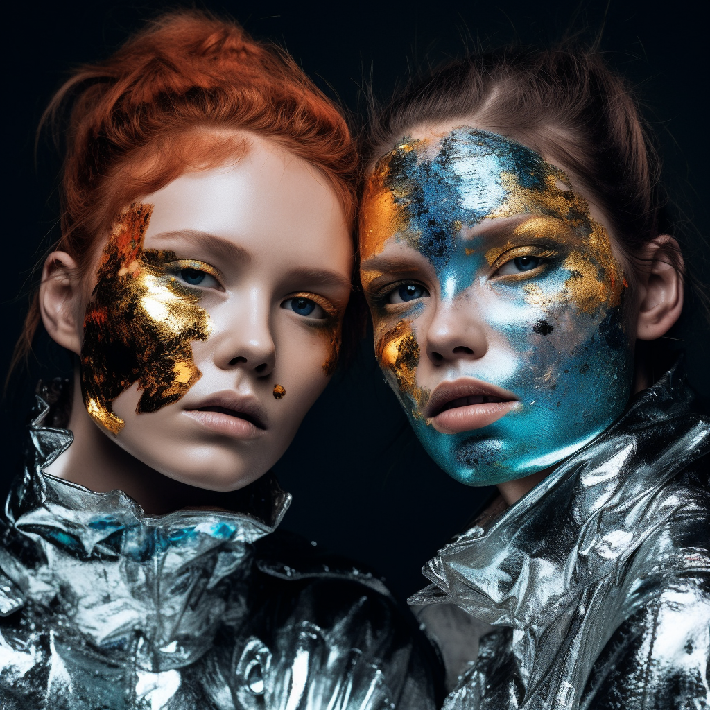 Two women with metallic paint on their faces.