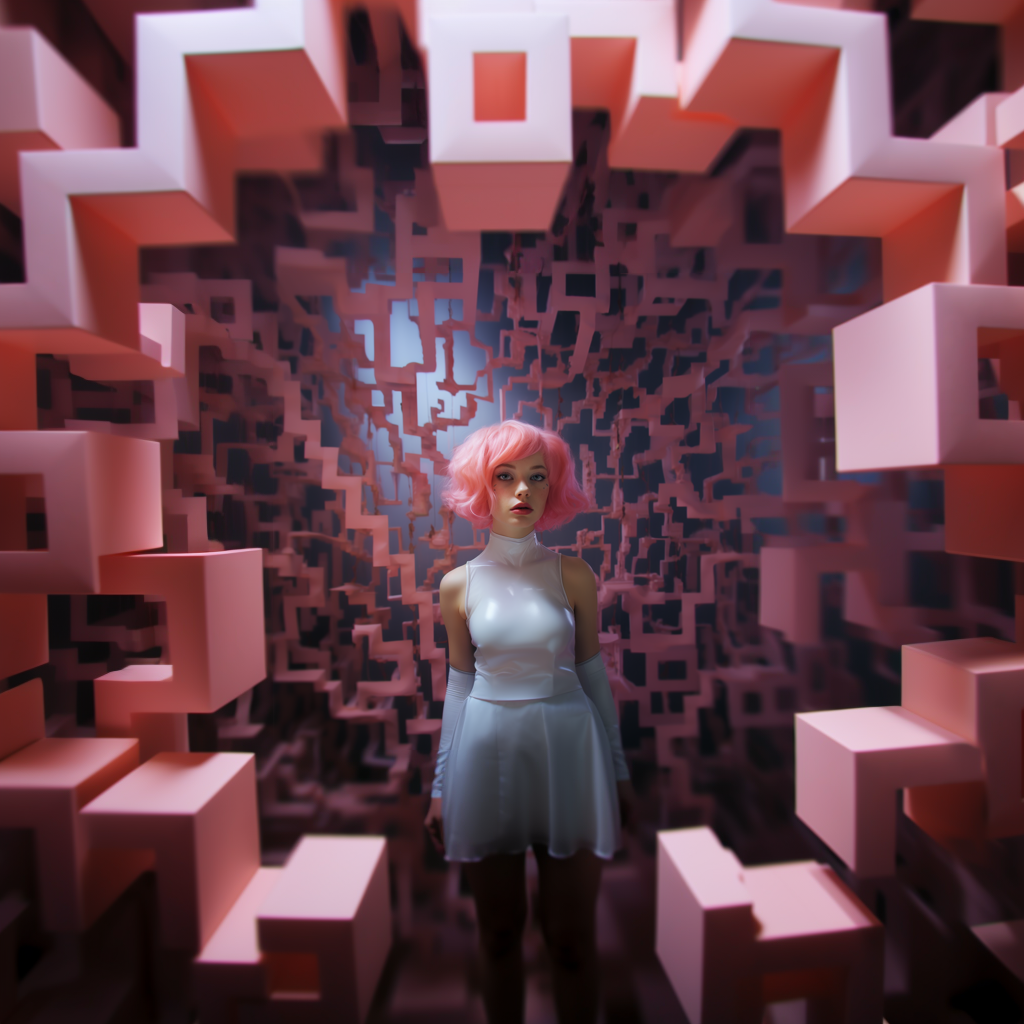 A girl with pink hair standing in a room full of cubes.