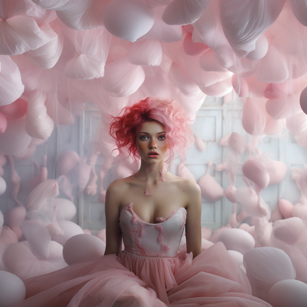 A woman in a pink dress sitting in a room full of balloons.