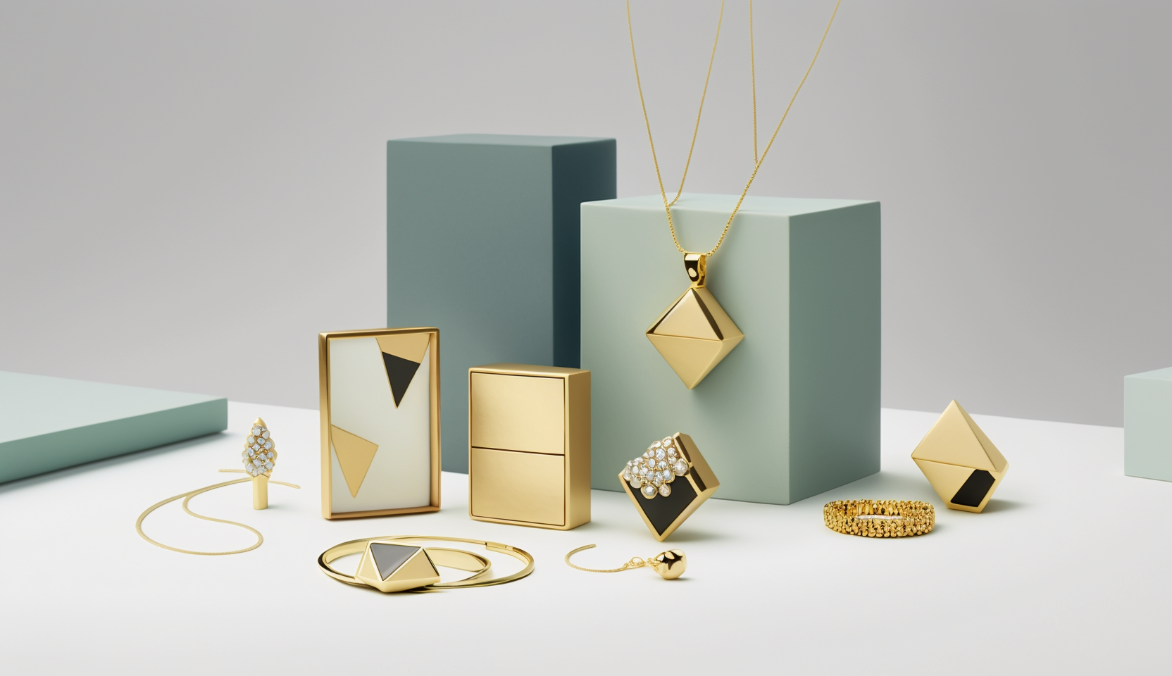 A collection of gold jewelry on a table.
