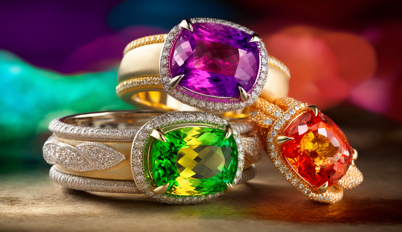 Three rings with colorful gemstones and diamonds.