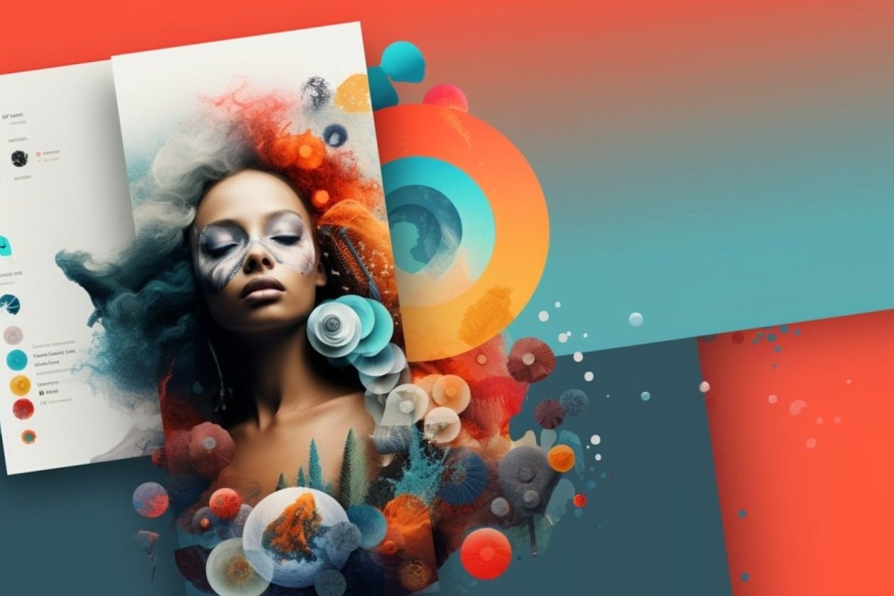 and AI generated collage with teal and orange colors and womans face surrounded with circles