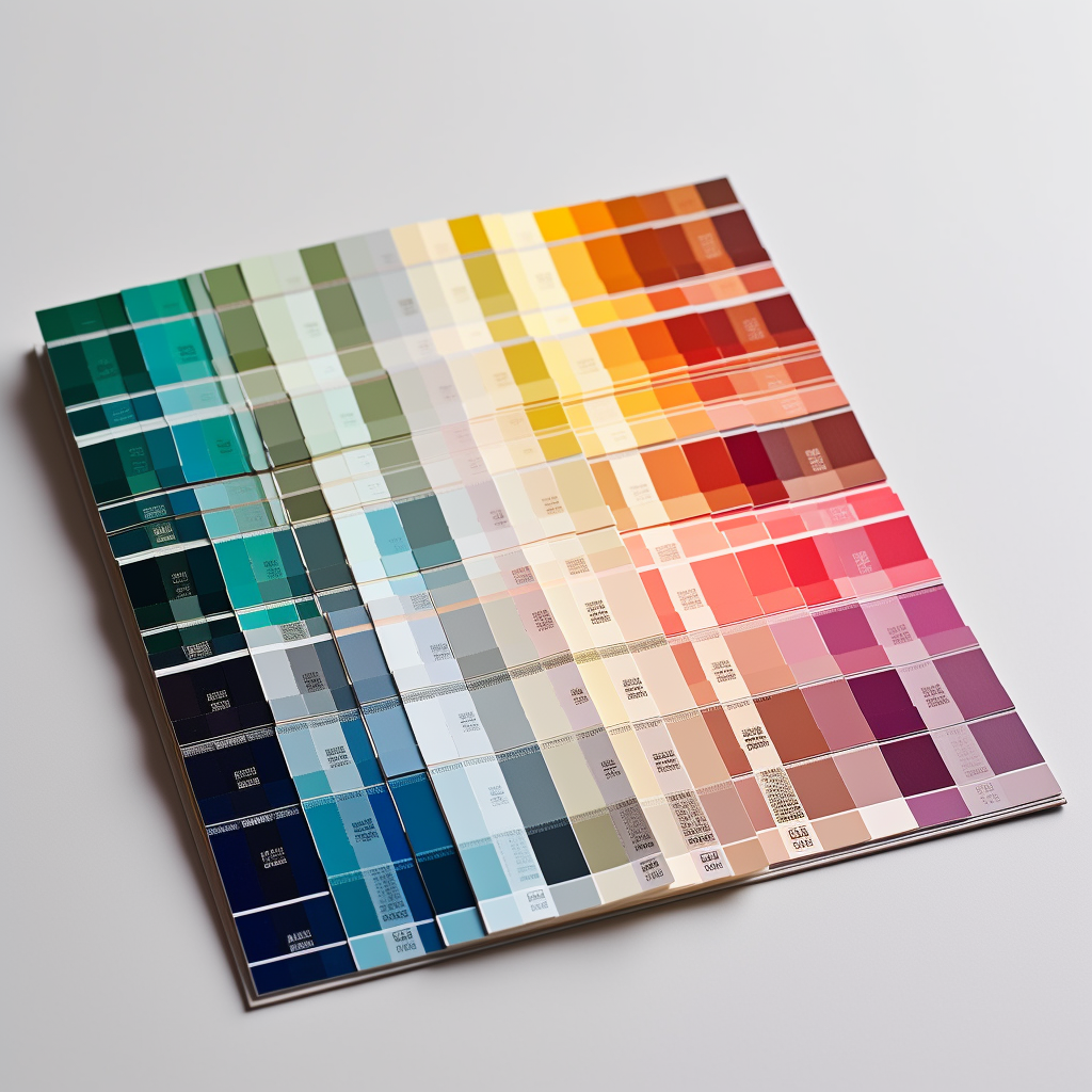 A book of color swatches on a white surface.