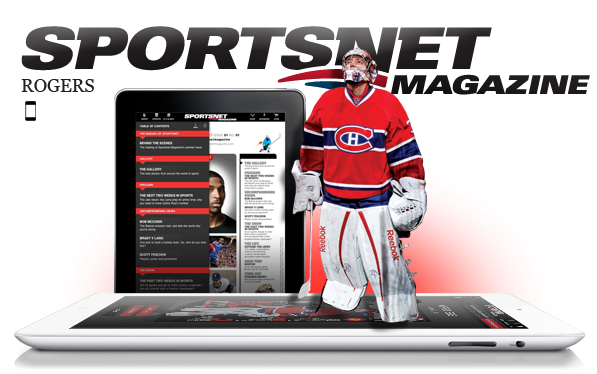 A sports magazine cover with the title SPORTSNET MAGAZINE, featuring a hockey goalie in a red and blue jersey standing in front of a large tablet displaying the sports news website.