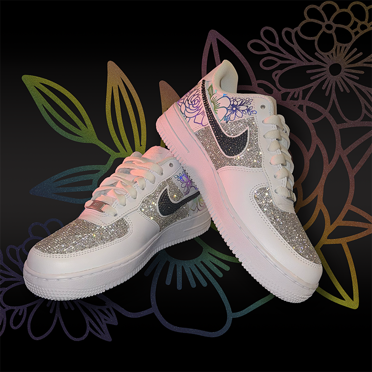 Full bling adult AF1 with rainbow flash reflective black flowers, crystal accents and black crystal swoosh