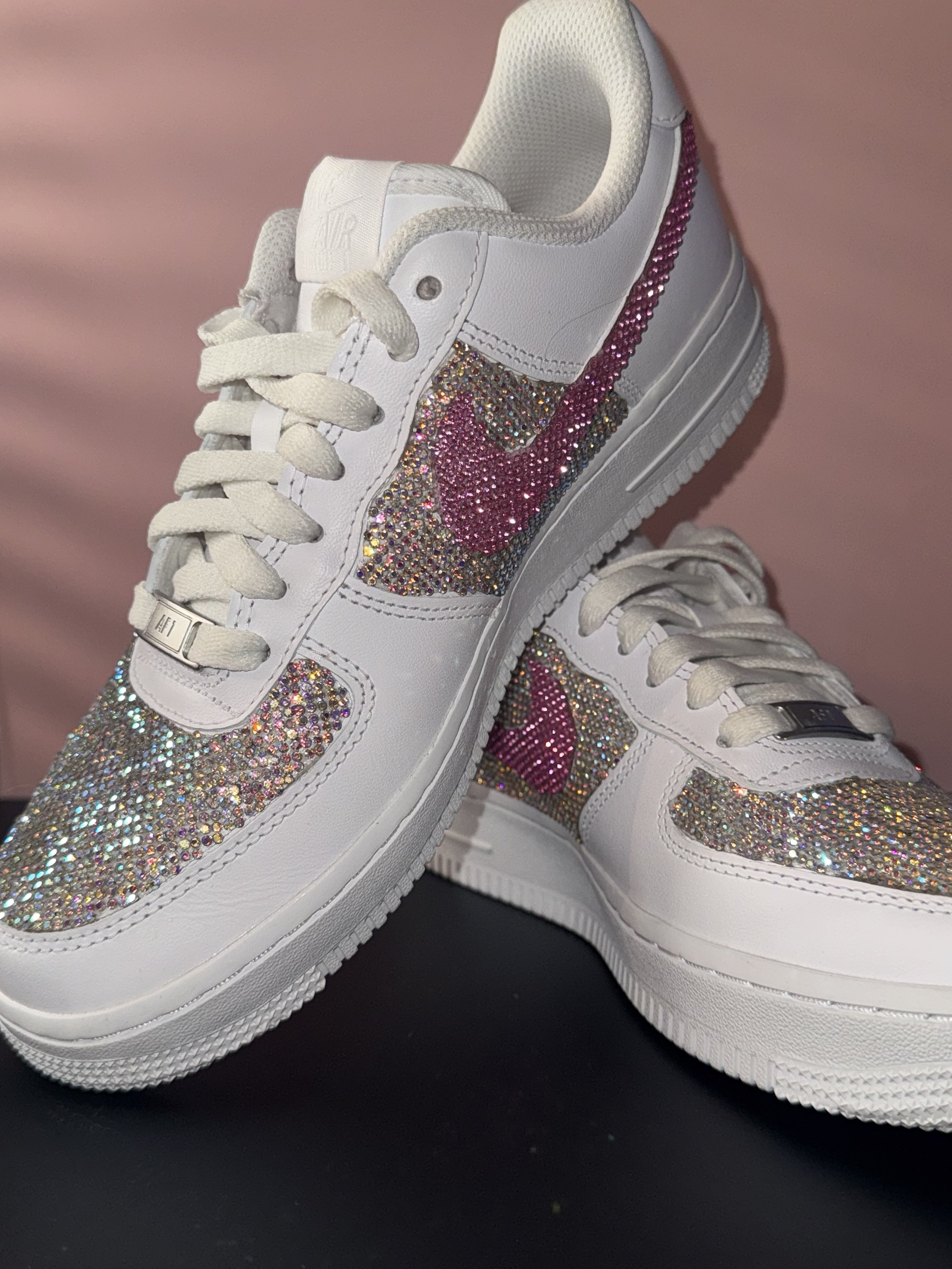 White Air Force 1 Sneaker with pink rhinestone swoosh, crystal AB rhinestone top and sides