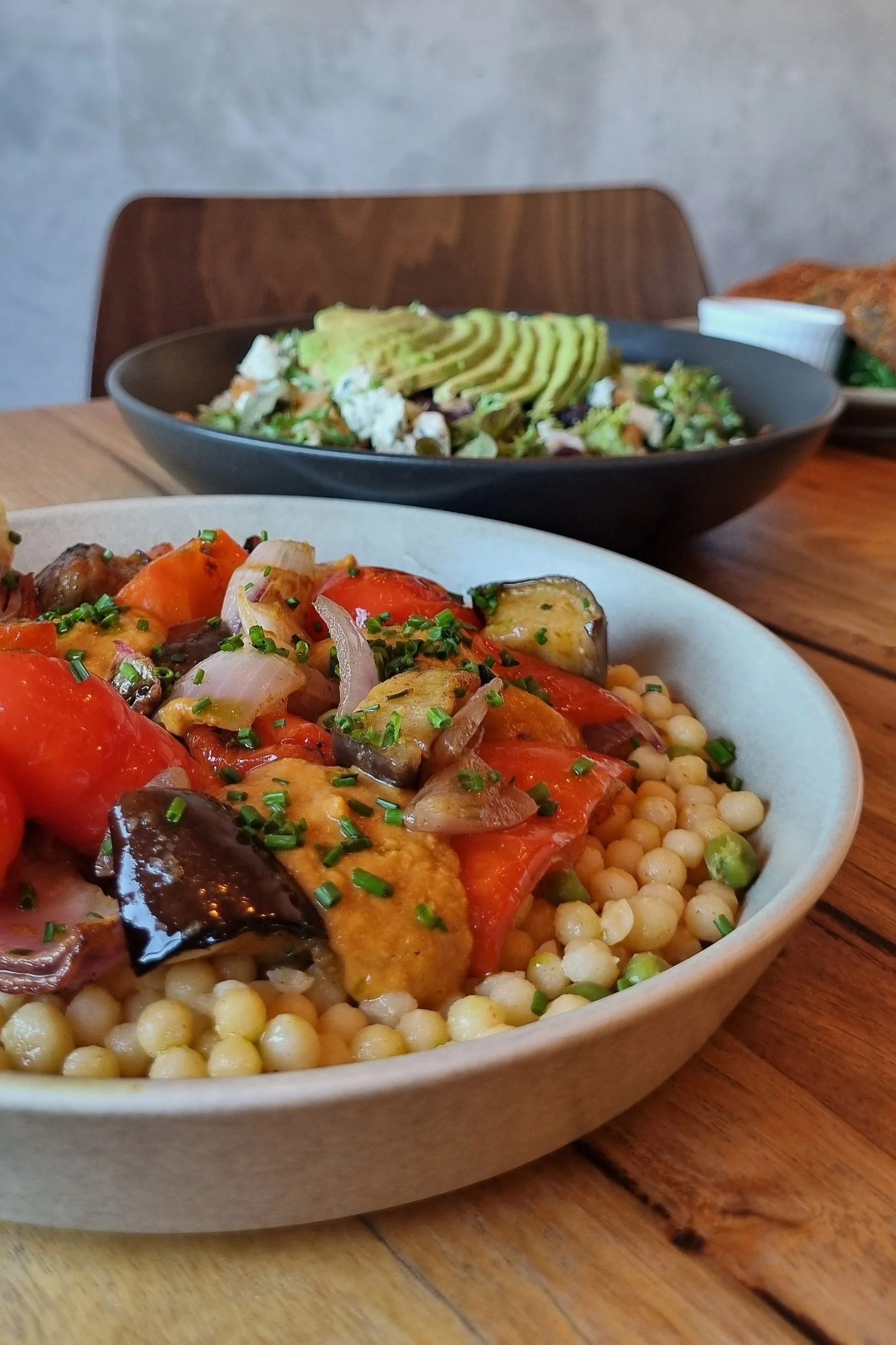 Vegan salads, roasted red grape salad or Mediterranean roasted veg and cous cous salad