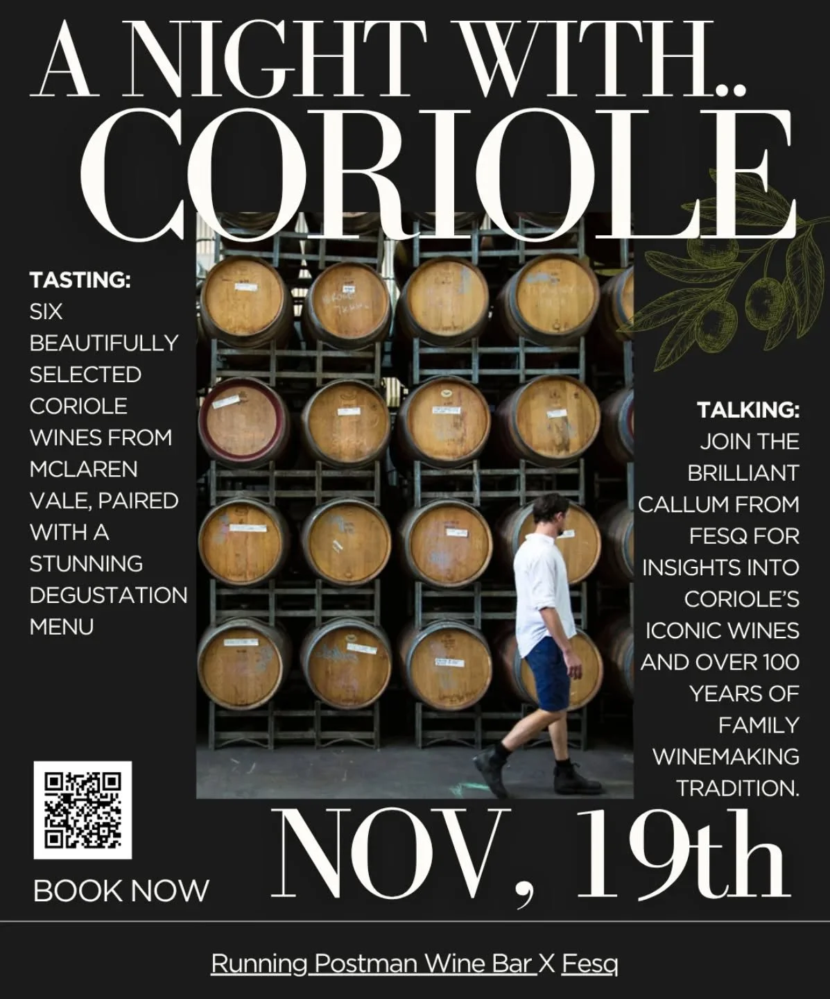 🍷 OUR NEXT WINE DINNER 🍷...

'A Night with Coriole' - six premium wines and four delicious courses !!

Why Coriole?..

Since 1968, Coriole Winery in McLaren Vale has been crafting wines full of character, tradition, elegance and Aussie charm. Parti