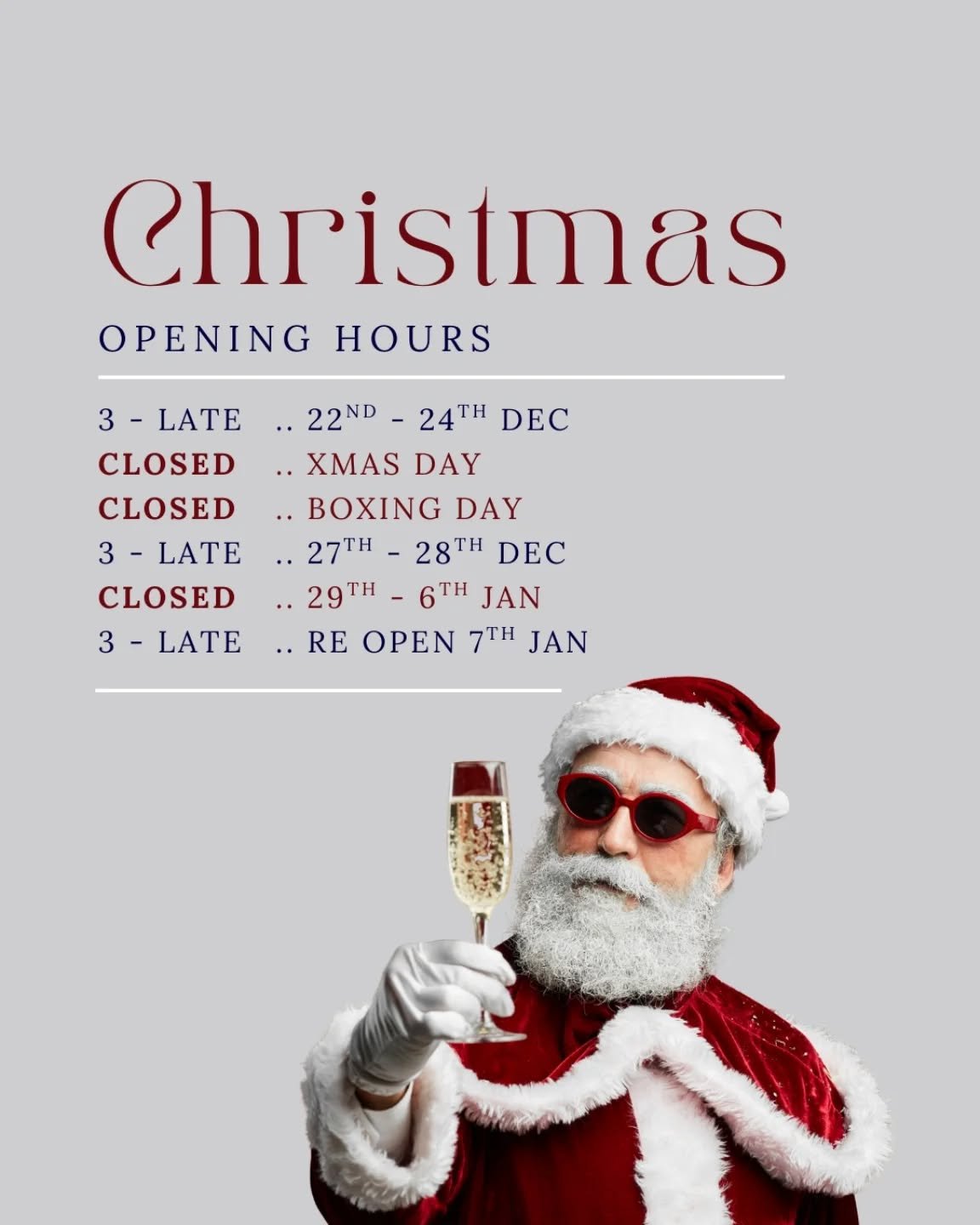 Silly season opening hours 🍷🎄

Check above for when we are taking a little break - as we can't have you missing out on those Christmas catch ups 🍻

...See you soon !!