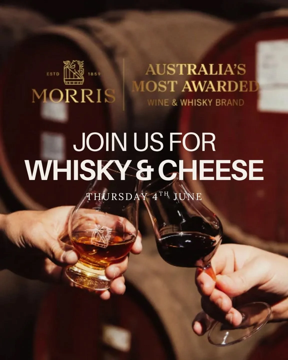 OUR FIRST WHISKY &amp; FORTIFIED + CHEESE MASTERCLASS

Join us at and Joel (brand ambassador for Morris Rutherglen Whisky) guiding us through the production and flavours.

Start with a highball on arrival, then enjoy three paired courses of whisky an