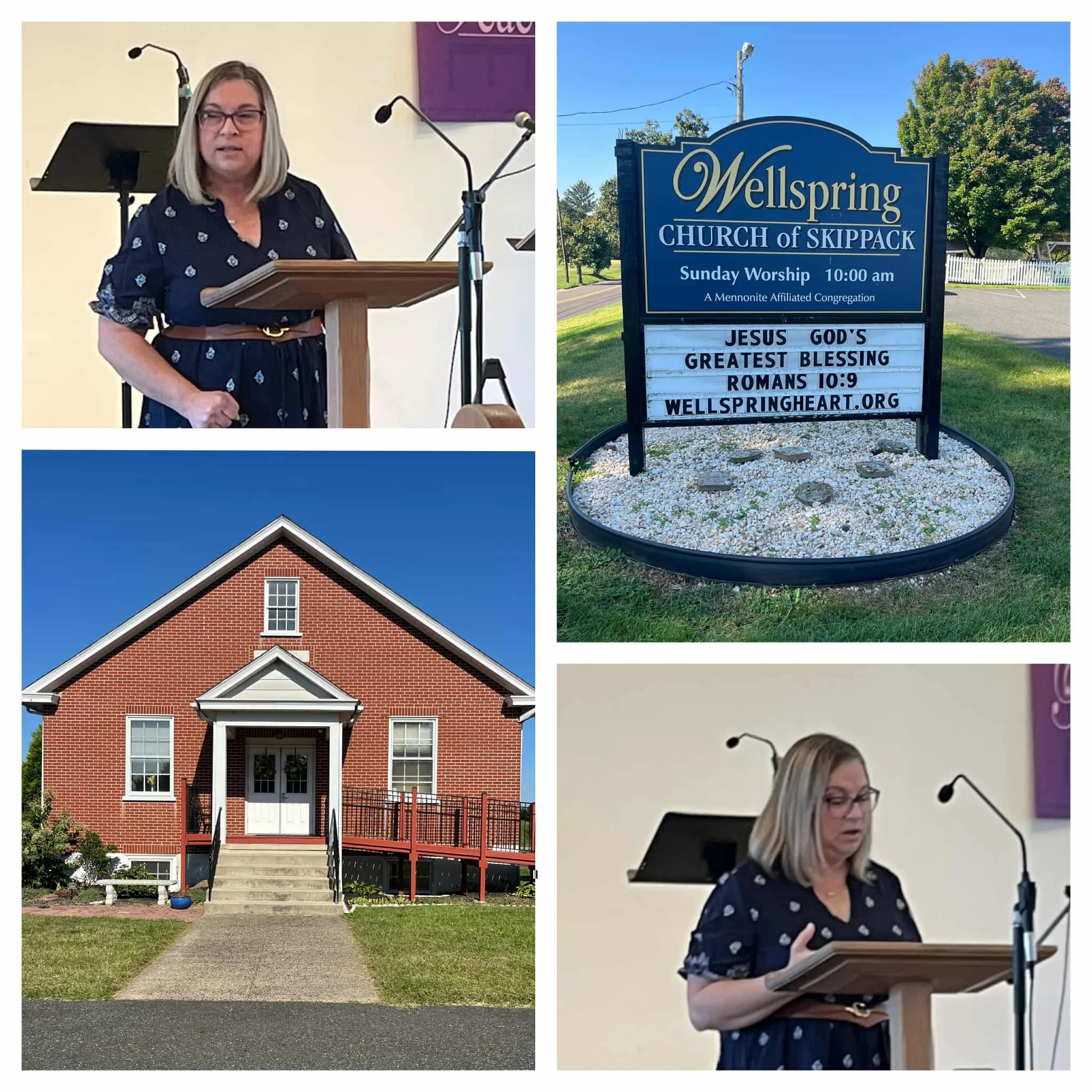 A woman with blonde hair wearing glasses and a dark dress with white patterns standing at a podium with microphones, inside a room with a purple banner. The second image shows a blue sign for Wellspring Church of Skippack with details about Sunday wo