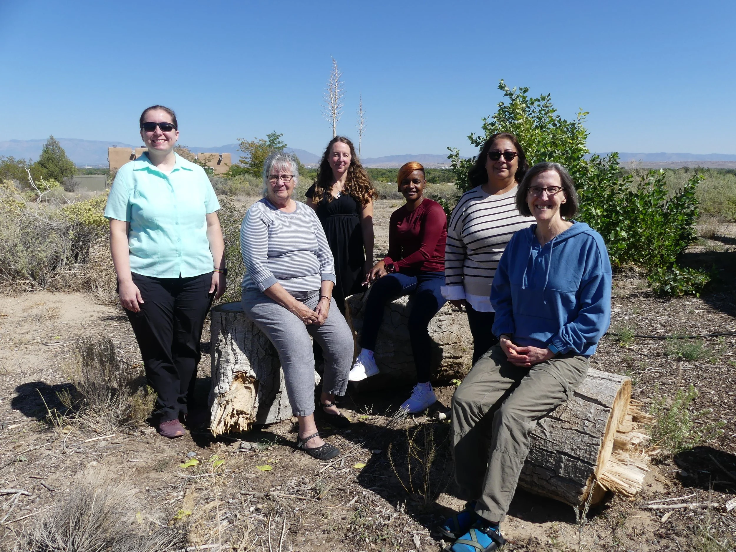 Group of seven women outdoors in a desert-like landscape with a blue sky, mountains in the distance, and bushes, casually posing for a photo around a fallen tree, some sitting and others standing.