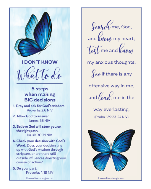 Two vertical banners with a green background and yellow dots. The left banner features a woman with braided red hair, wearing a yellow dress, looking at a scenic outdoor view with flowers. The right banner lists five steps for making big decisions, with references to Bible verses.