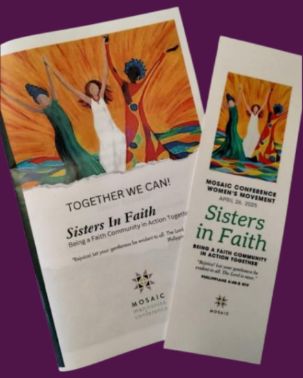 Brochure and flyer for the Mosaic Conference Women's Movement featuring an illustration of three women dancing with shoulders raised, set against a colorful, abstract background.