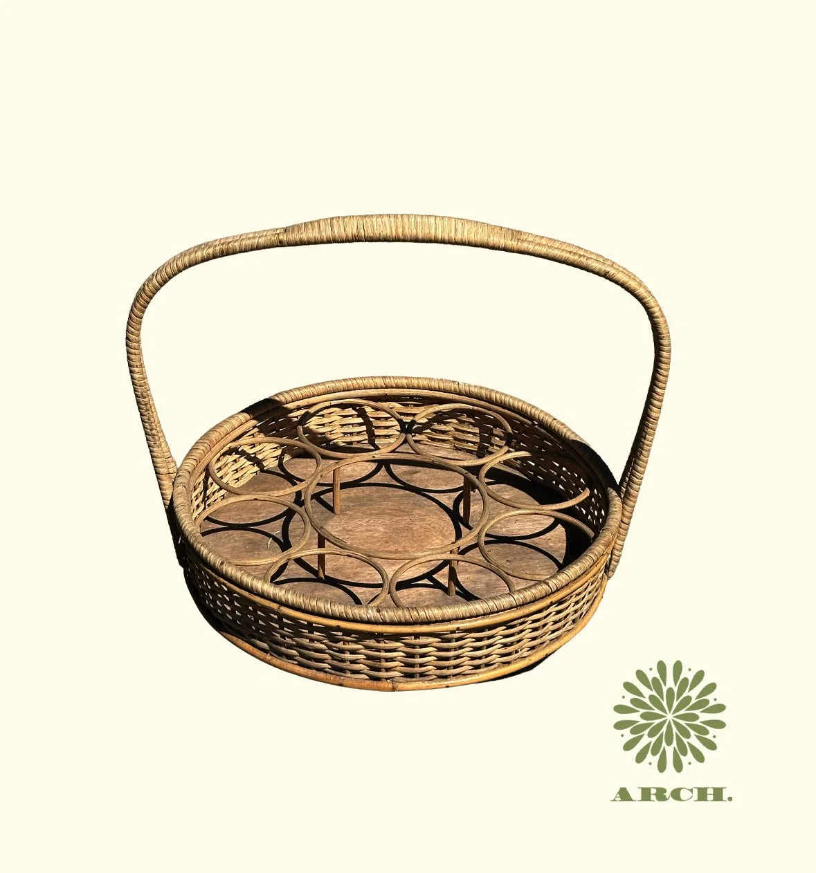 Vintage French Rattan Glass Carrier.jpeg