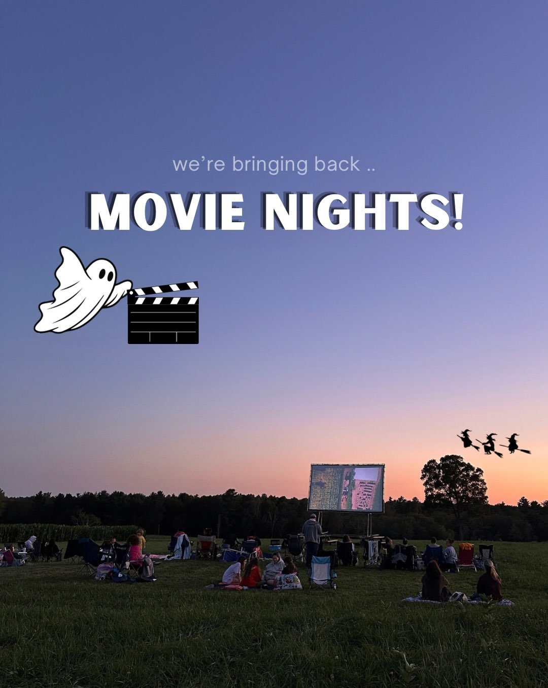 What&rsquo;s better than a Halloween movie under the stars?! ✨🦇🌙 Join us Friday nights starting 9/25 to watch your favorite spooky classics! All movies are PG, perfect for the whole family! Grab a hot cider from our barn and enjoy the show 🎬 #cucu