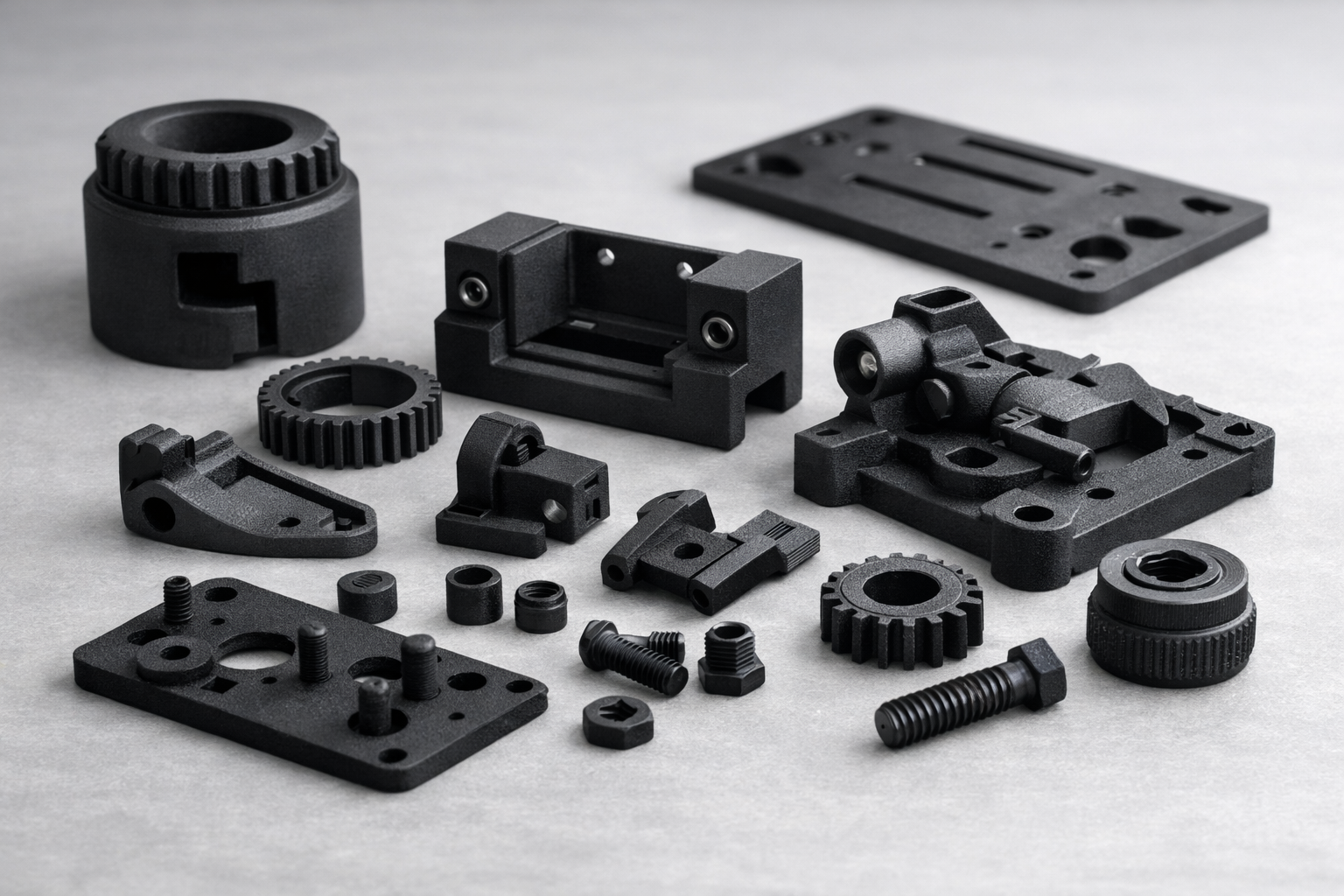 Various black 3D-printed mechanical parts and components arranged on a gray surface.