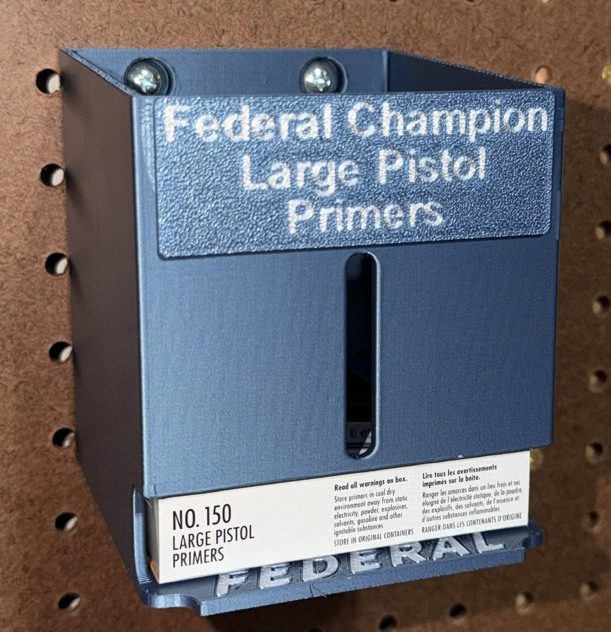 Close‑up of the Federal Champion Large Pistol Primer Pack Organizer showing durable construction and clean lines.