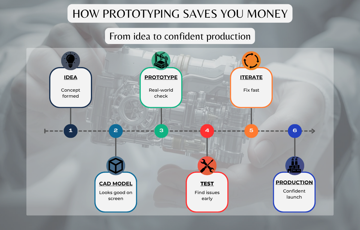 A visual overview of the prototyping process—from idea to production—showing how fast iteration reduces costs and prevents design mistakes.