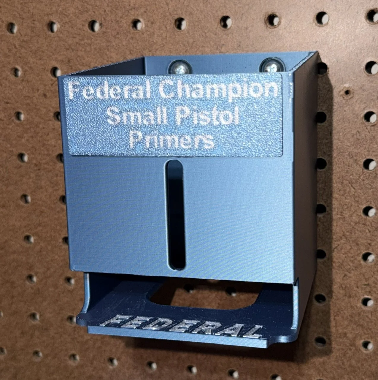 Close‑up of the Federal Champion Small Pistol Primer Pack Organizer showing durable construction and clean lines.