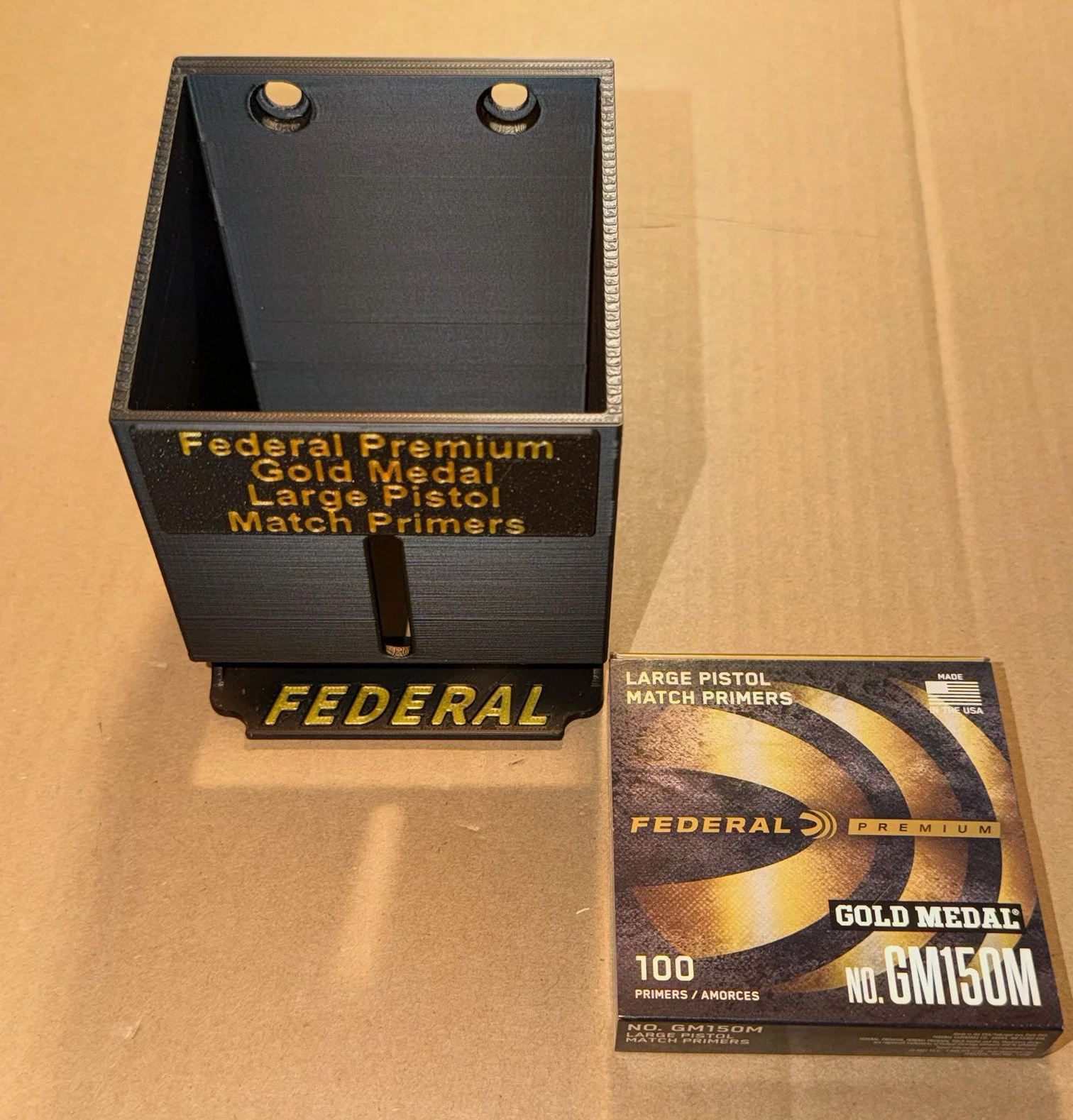Empty large pistol match primer pack organizer showing five‑pack capacity.