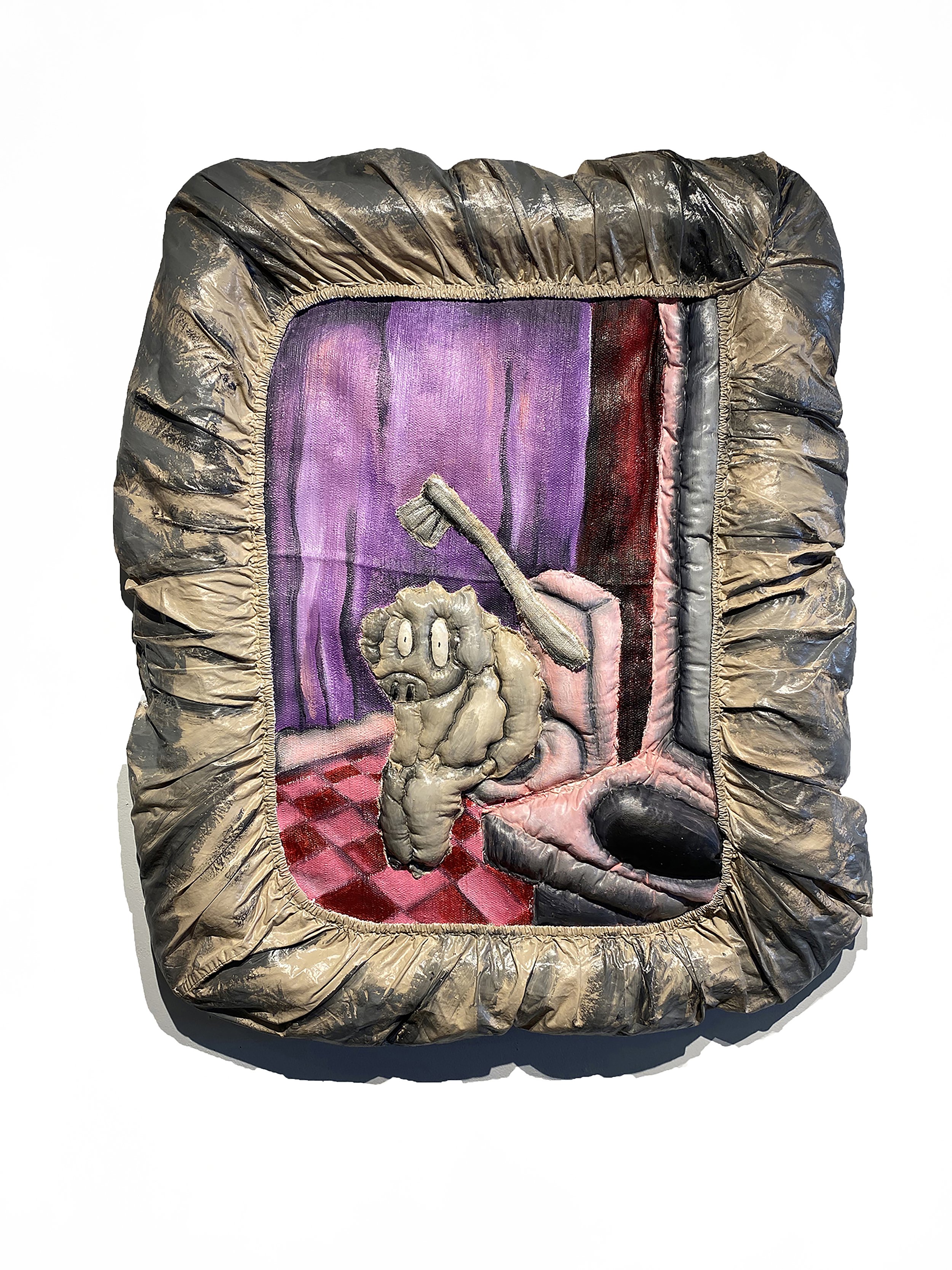 "Don’t Forget to Brush Your Teeth (Speak Your Mind)", Acrylic and textiles, approx. 36” x 30”, 2023.
