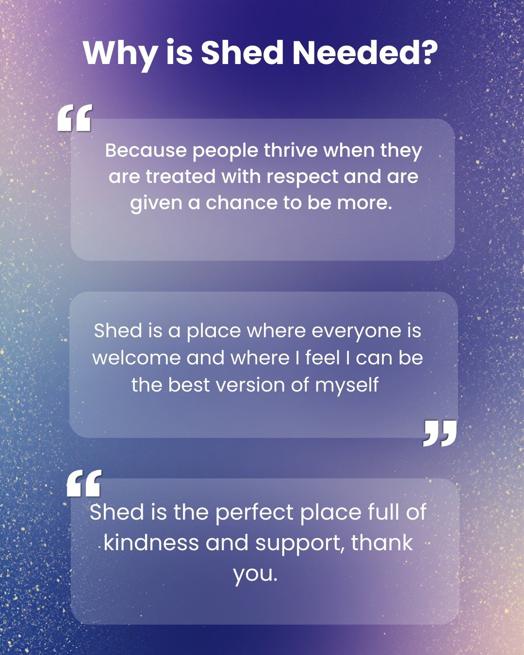 We love hearing your feedback 💜

Here are some quotes from our members sharing why Shed is needed, along with a few wow moments from parents. Your words mean so much to us and remind us why we do what we do every day ✨

We can&rsquo;t wait to be bac
