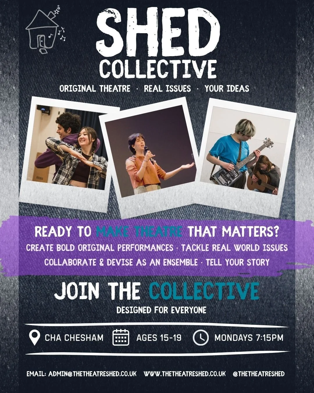 🔥 Shed Collective is HERE! 🔥

Your space to make theatre that matters, create original work, and explore film, music, dance &amp; design.

🗓 Mondays | 7:15 PM | Ages 15&ndash;19
📧 Find out more: admin@thetheatreshed.co.uk

Original Theatre. Real 