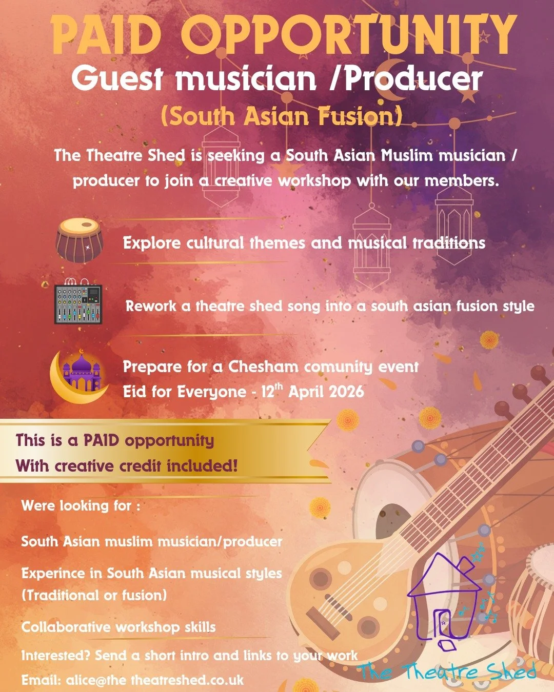 🎶 Paid Opportunity for South Asian Musician/Producer! 🎶

The Theatre Shed is looking for a South Asian musician/producer to join a creative workshop with our members as a guest artist.

This is a paid opportunity to collaborate, create, and inspire