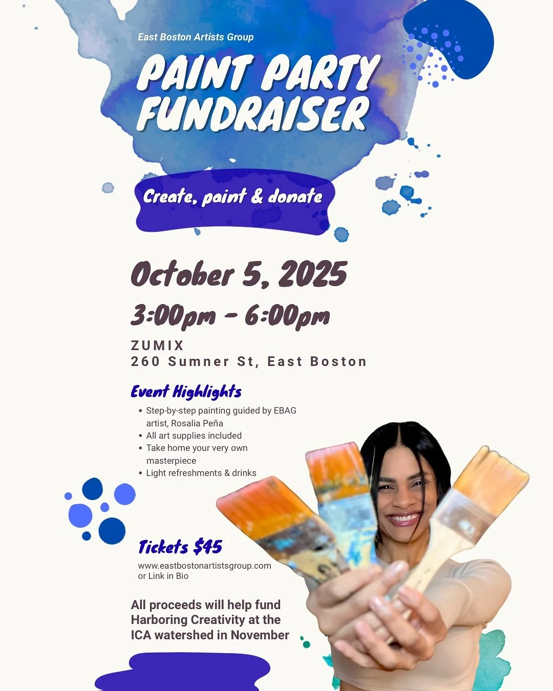 🎨✨ Get ready to paint for a cause! ✨🎨

On Sunday, October 5 from 3&ndash;6 PM at ZUMIX (260 Sumner St, East Boston), join us for the EBAG Paint Party Fundraiser! 🖌️

👩&zwj;🎨 Guided step-by-step by EBAG artist Rosalia Pe&ntilde;a
🎨 All supplies 