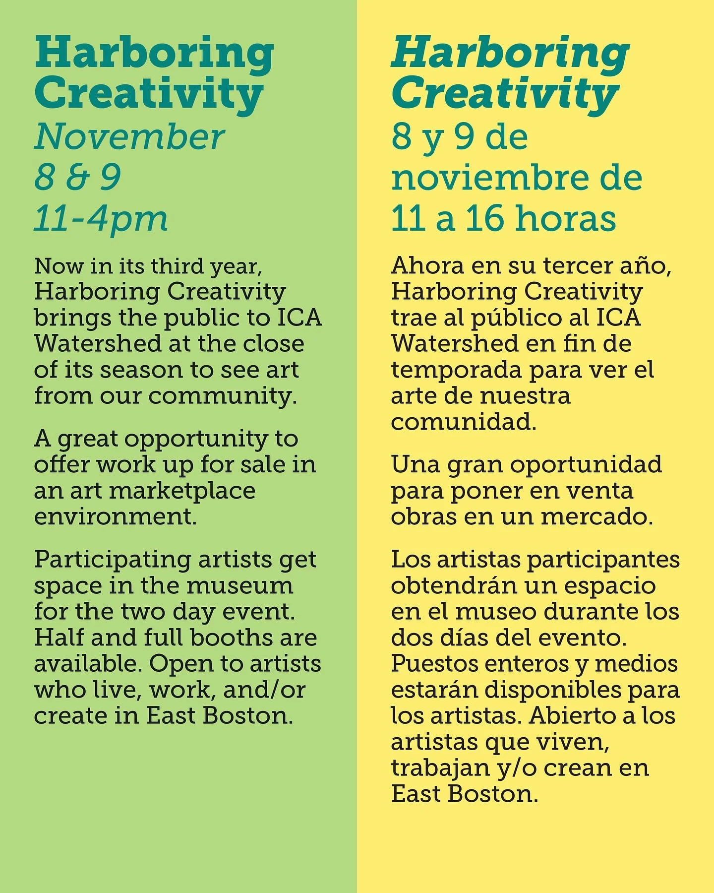 ✨ Final Call, Artists! ✨
The deadline to sign up for Harboring Creativity at the ICA Watershed is this Wednesday, October 1st 🎨

🗓 November 8&ndash;9, 2025
📍 ICA Watershed, East Boston

If you&rsquo;ve already signed up &ndash; THANK YOU! 💛 We&rs