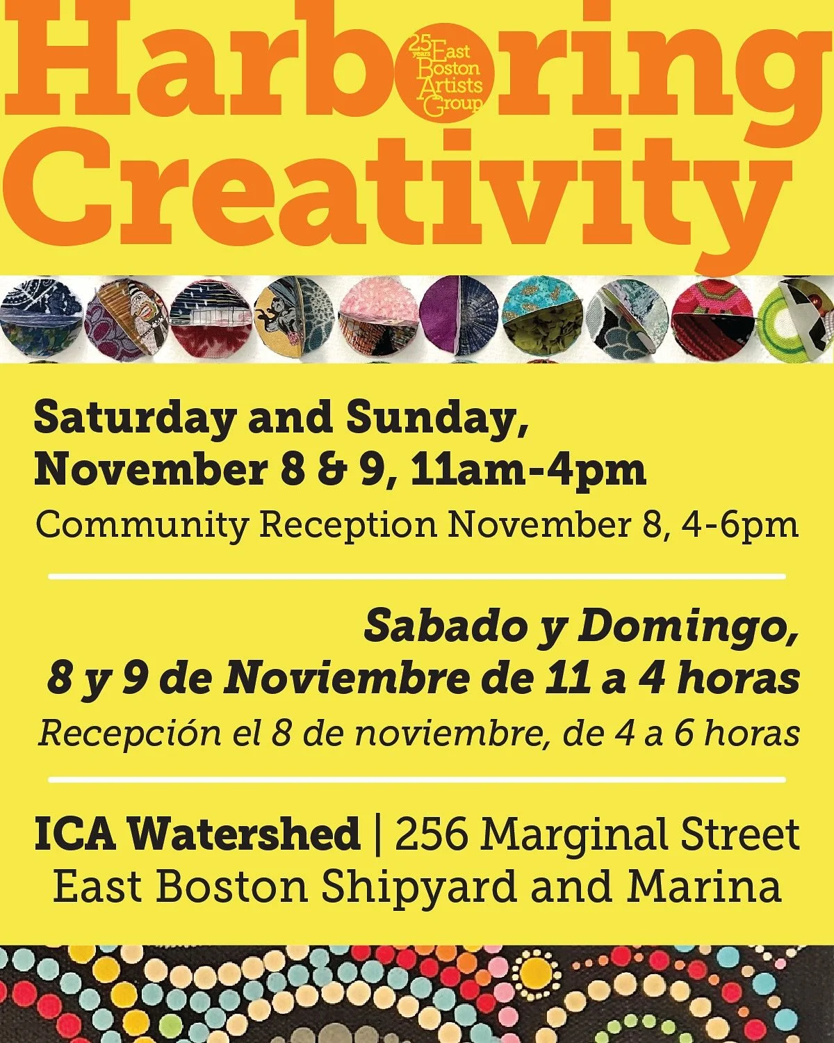 ✨ Art. Culture. Community. ✨
Join us at the ICA Watershed for Harboring Creativity 2025 &mdash; a free, family-friendly exhibit and sale featuring 40+ East Boston artists! 🎨 
🗓️ November 8&ndash;9 | 11&ndash;4 PM
🎉 Community Reception: Saturday, N