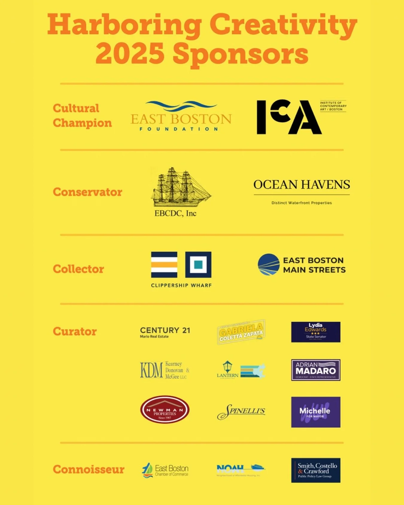 🎨✨ Thank you to our amazing sponsors! ✨🎨
Your support makes Harboring Creativity 2025 possible &mdash; helping us celebrate Art. Culture. Community. right here in East Boston. 💛

Because of you, over 40 local artists will have the opportunity to s