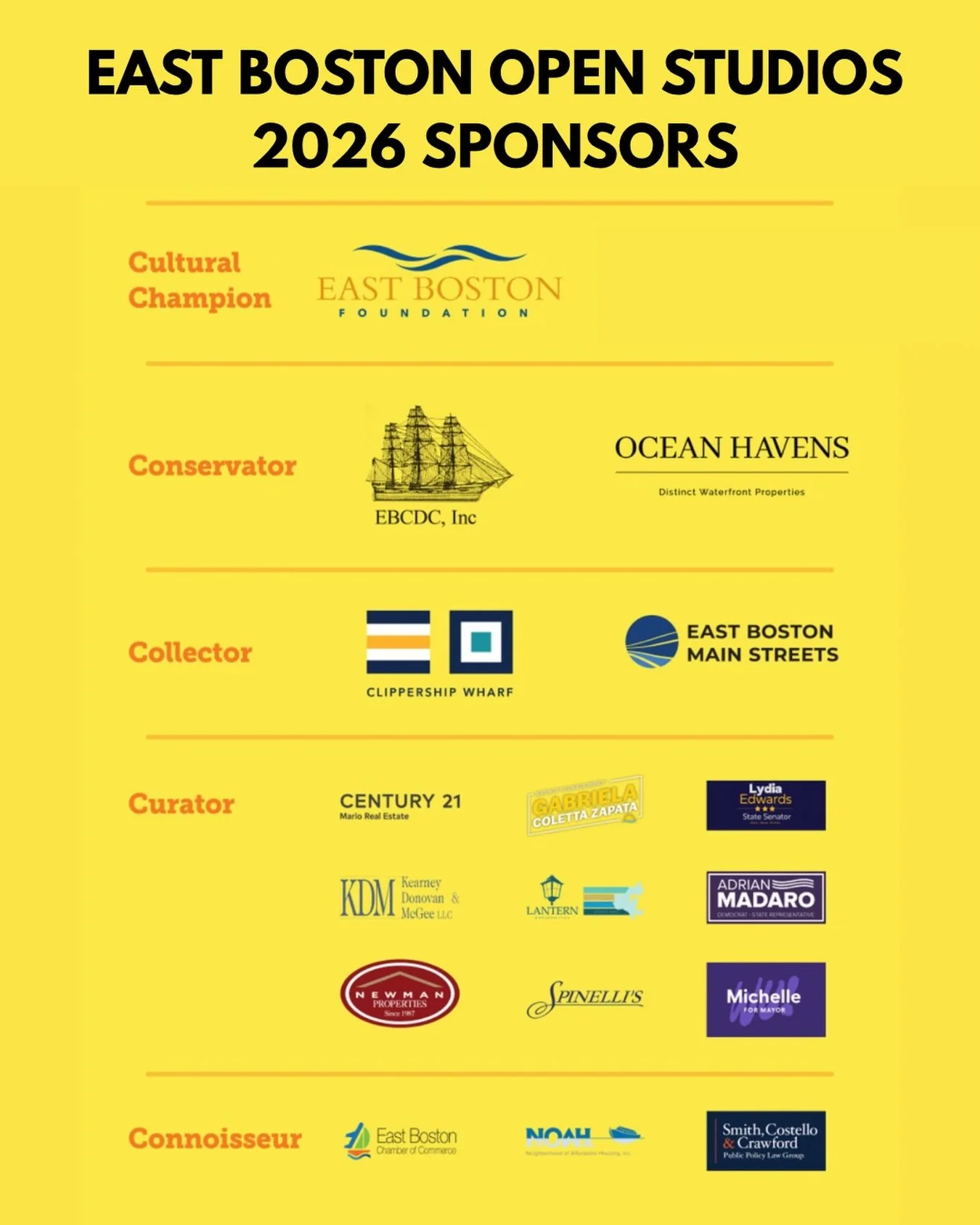 East Boston Open Studios wouldn&rsquo;t be what it is without the incredible support of our sponsors. 💛

Because of you, we&rsquo;re able to open doors, create opportunities for artists, and invite the public into a vibrant, welcoming creative commu