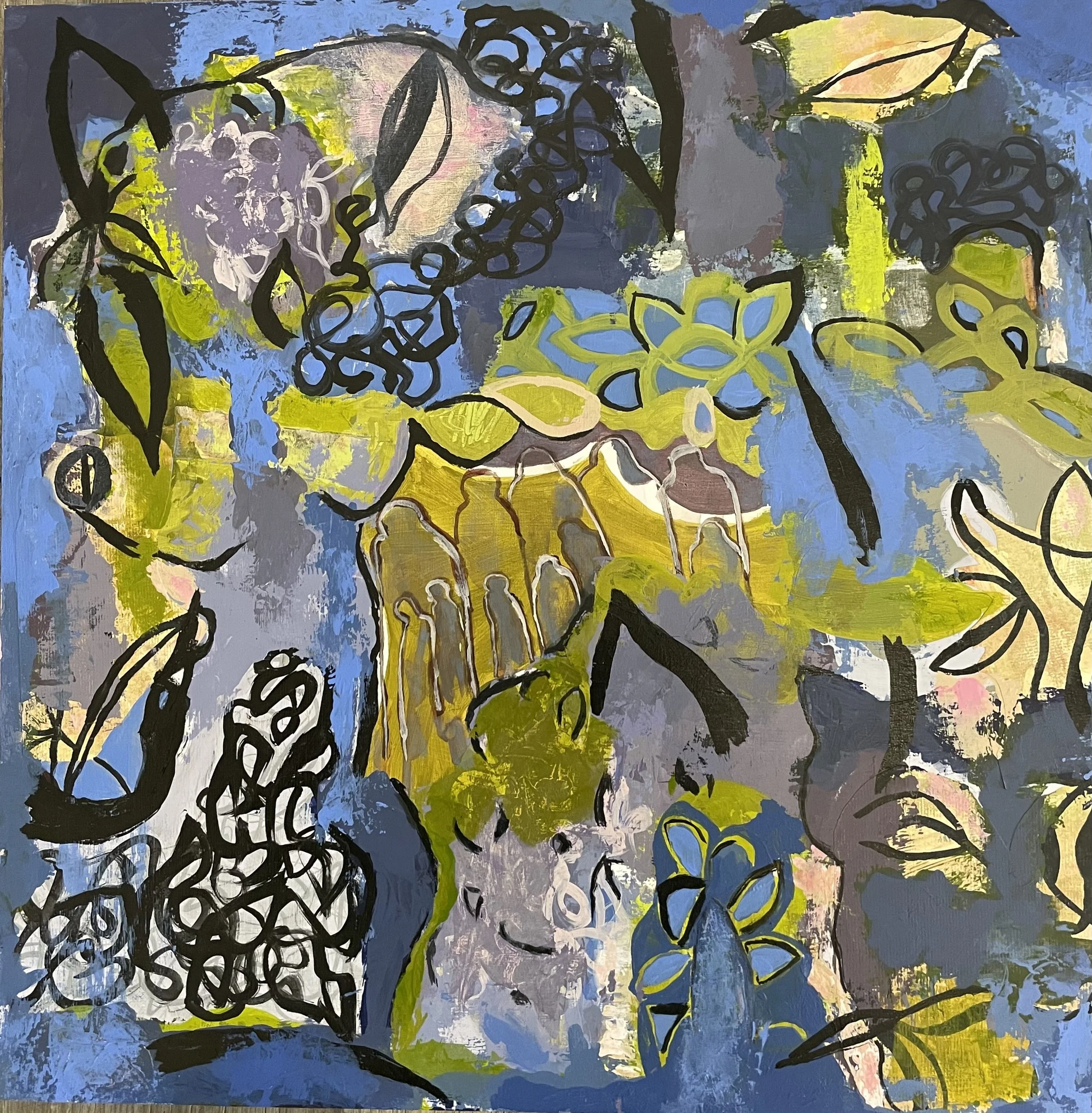 Derring-Do, acrylic and collage on wood, 18”x18”