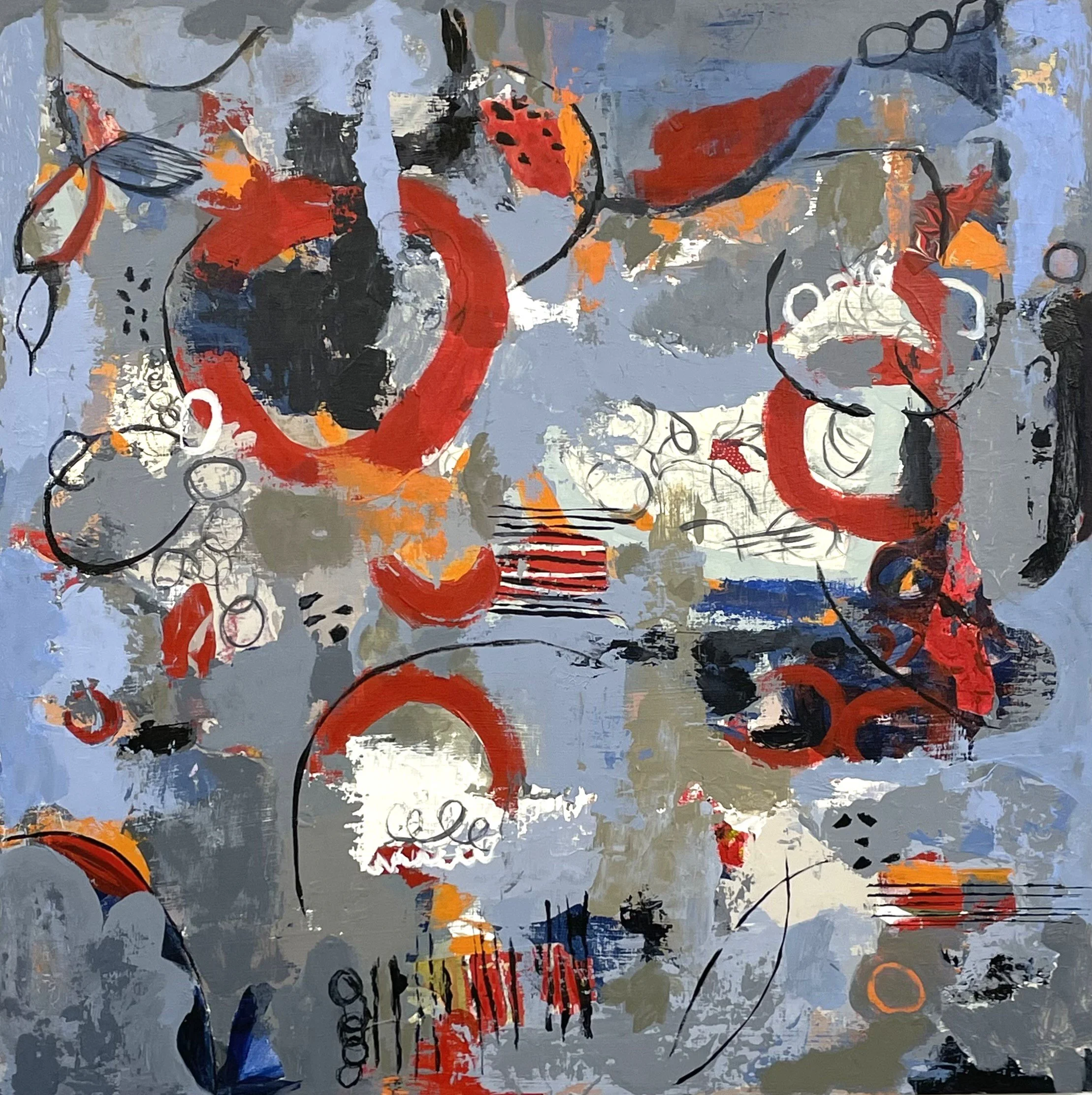 Humor Me, acrylic and collage on wood, 18”x18”