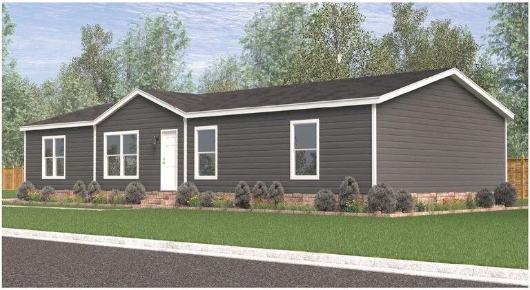 Single-story gray modular home exterior with dark roof, white trim, and landscaped front yard.