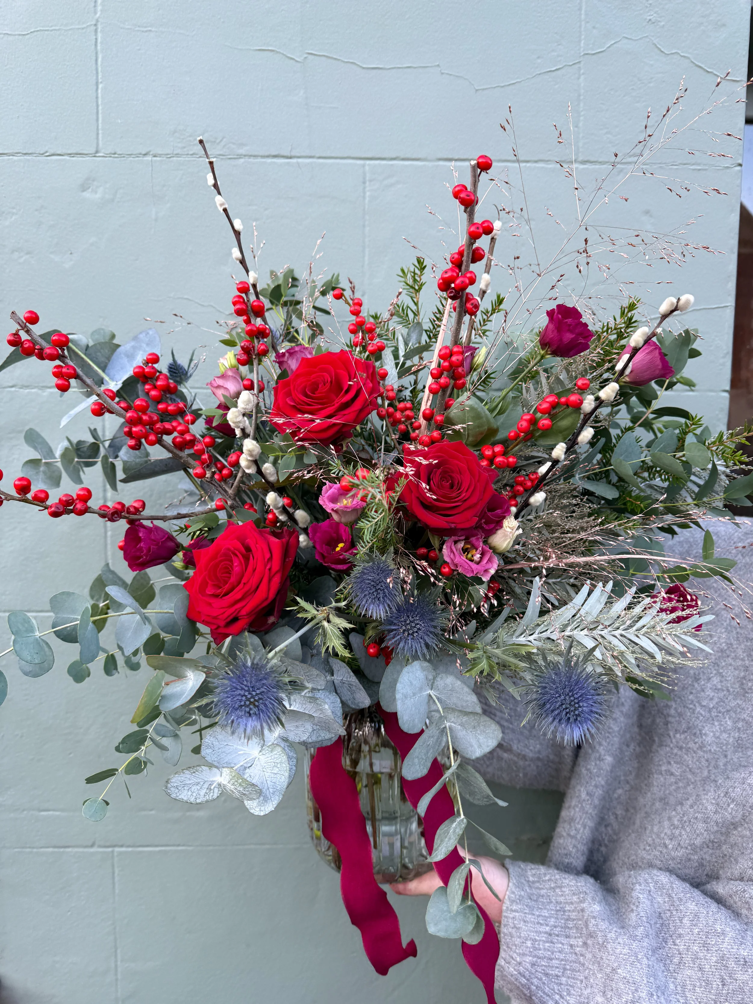 Festive Vase of Blooms- Reds