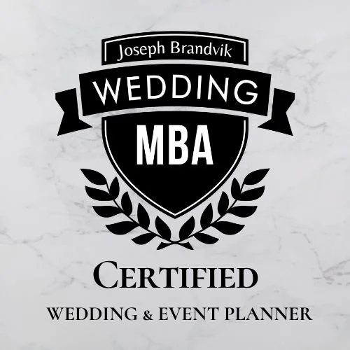 Logo for Joseph Brandvik Wedding MBA, Certified Wedding & Event Planner with a shield and laurel design.