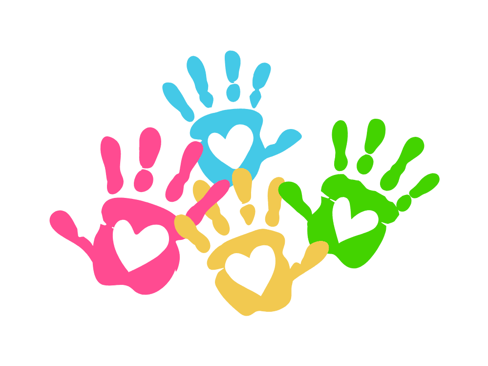Icon of four colorful handprints with hearts on them.