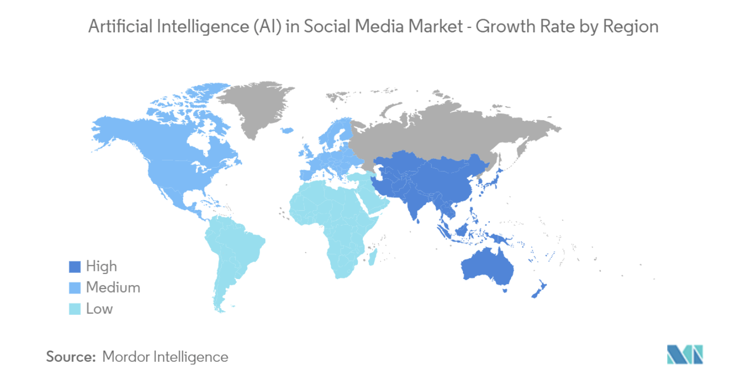 World map showing regions with high, medium, and low growth rates of artificial intelligence in the social media market, color-coded with dark blue for high, medium blue for medium, and light blue for low, with a source attribution to Mordor Intelligence.