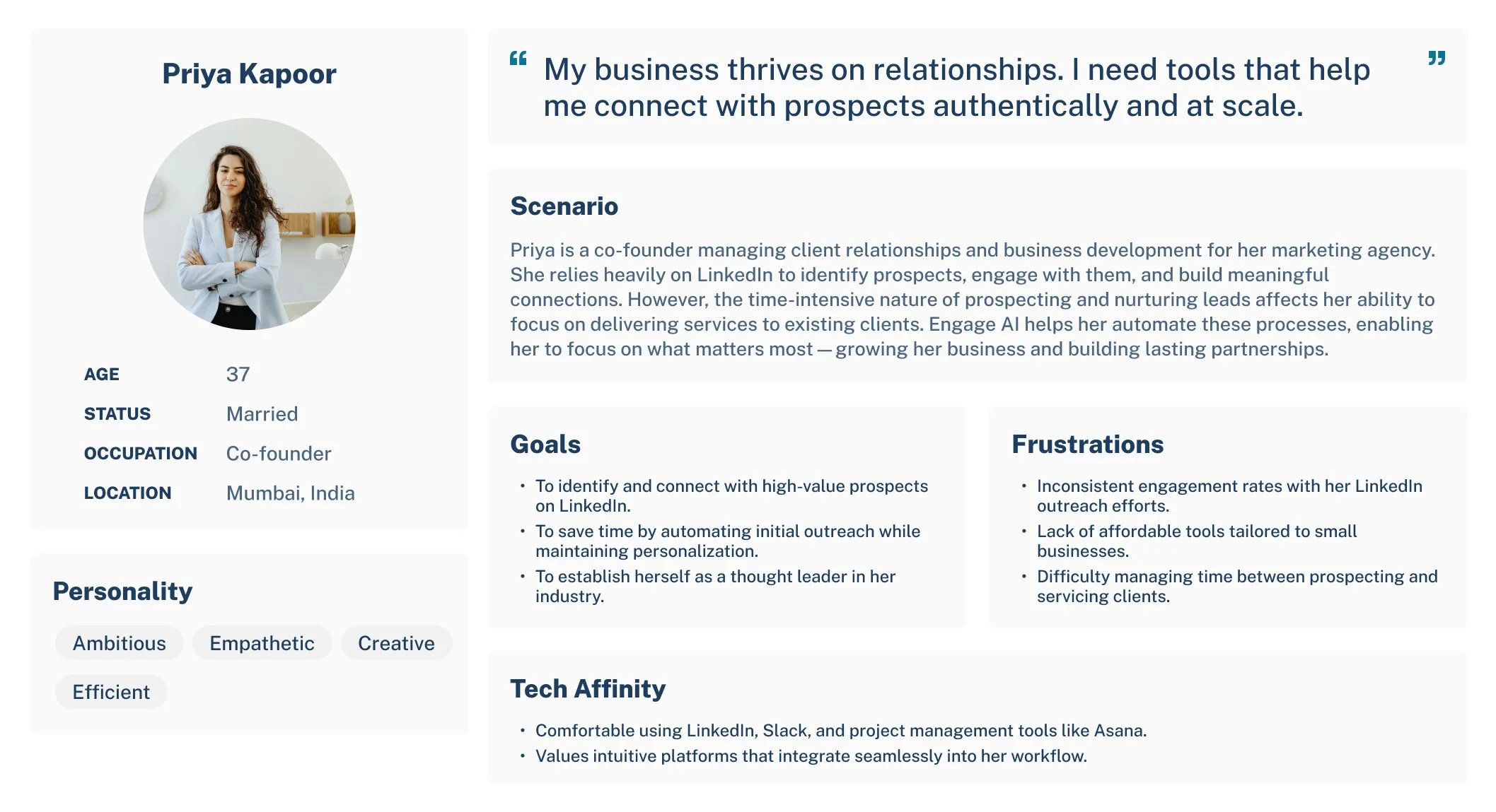 Profile overview of Priya Kapoor, a 37-year-old married co-founder from Mumbai, India. The image features her photo on the left with details about her personality traits, professional scenario, goals, frustrations, and tech affinity on the right, including quotes and descriptive text.