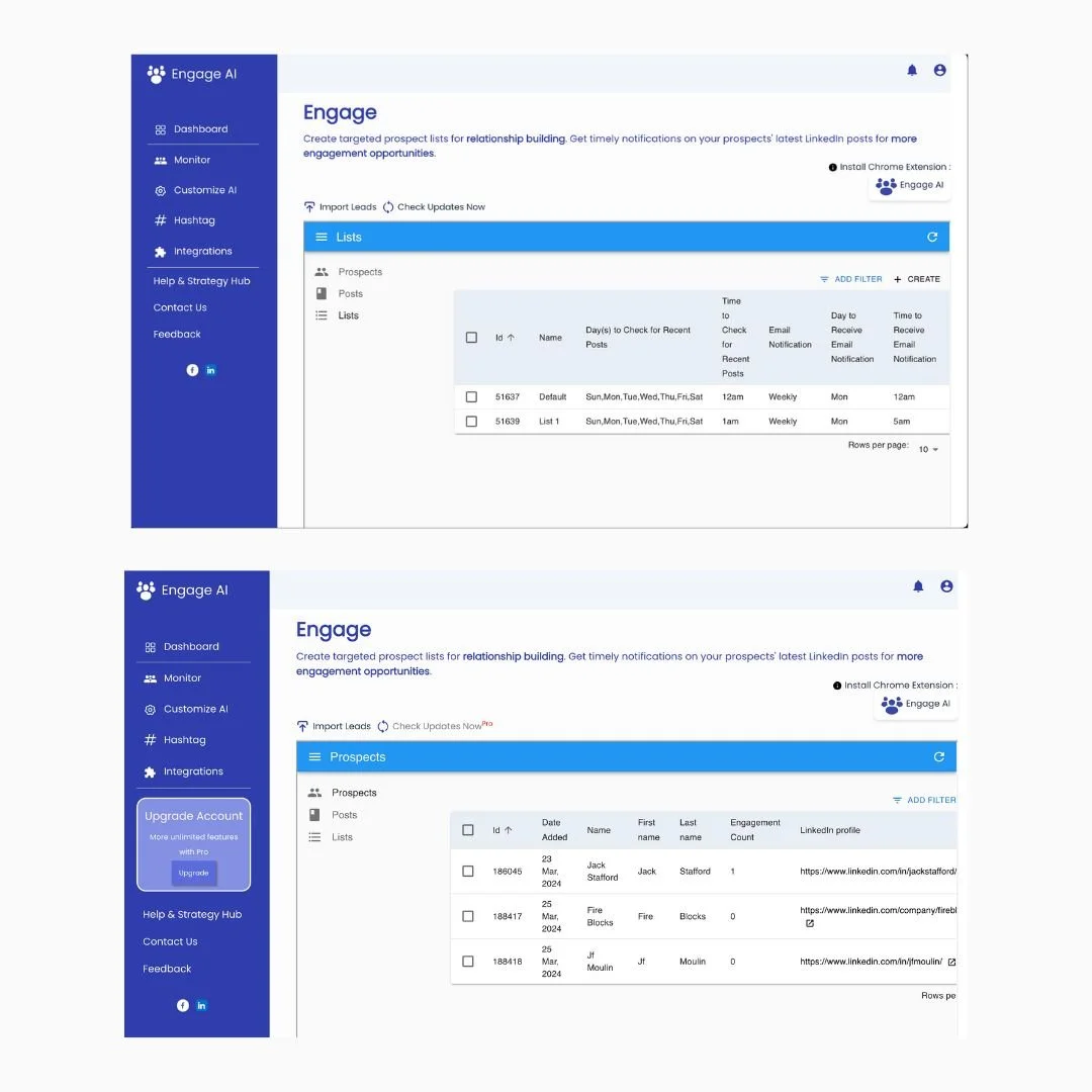 Comparison of two project management dashboards for Engage AI application. The top screenshot shows a 'Lists' tab with prospect details including ID, name, and posting days. The bottom screenshot displays a 'Prospects' tab with prospect information, contact dates, engagement counts, and LinkedIn profile links, along with a sidebar featuring options like Dashboard, Monitor, Customize AI, Hashtag, and support links.