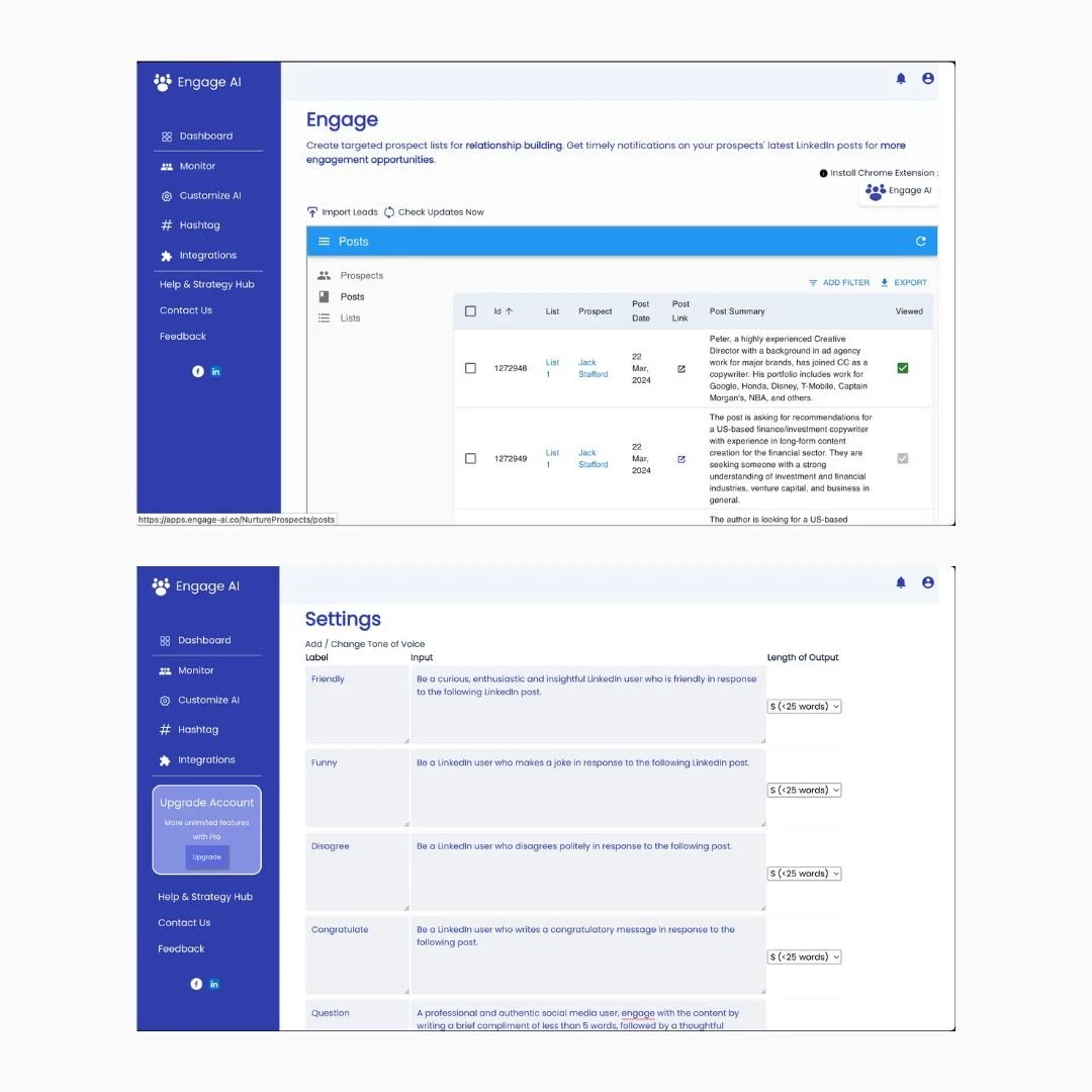 Screenshots of a social media management platform called Engage AI, showing the Dashboard with posts, prospects, and post details, and a Settings page for adding voice tones with descriptions for Friendly, Funny, Disagree, and Question.