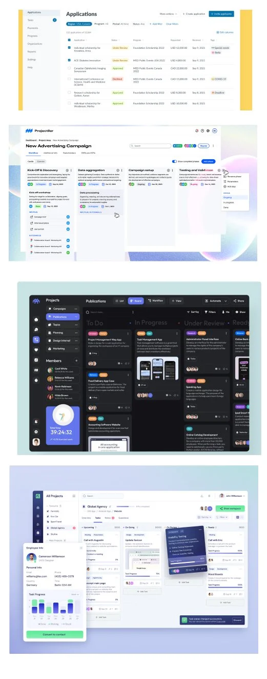 Screenshot of a computer screen displaying multiple project management and application dashboards with various menus, lists, and data visualizations.