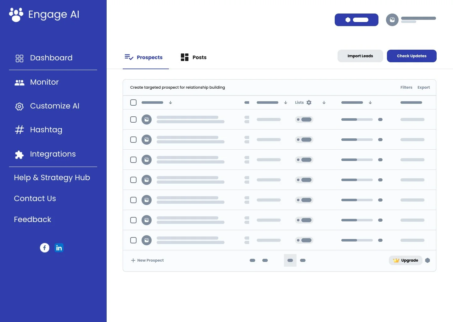 Screenshot of Engage AI platform dashboard with options for Prospects and Posts, showing a list of targeted prospects for relationship building, with various toggles and data columns.