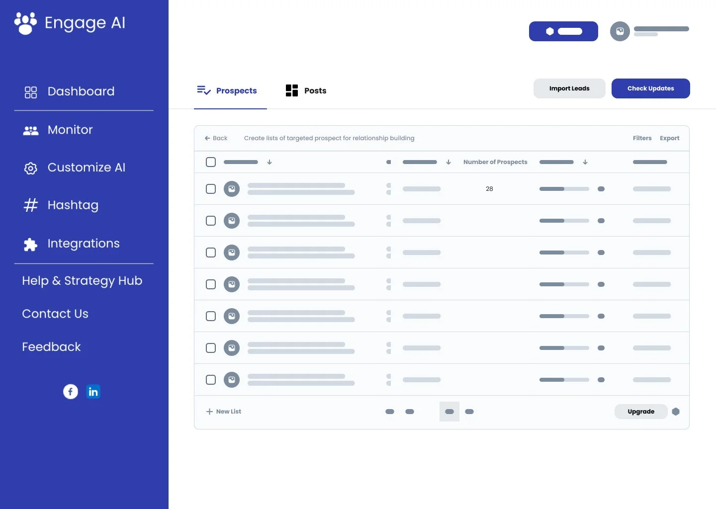 Screenshot of the Engage AI platform showing the dashboard with options for prospects and posts, and a list of prospect groups with engagement metrics.
